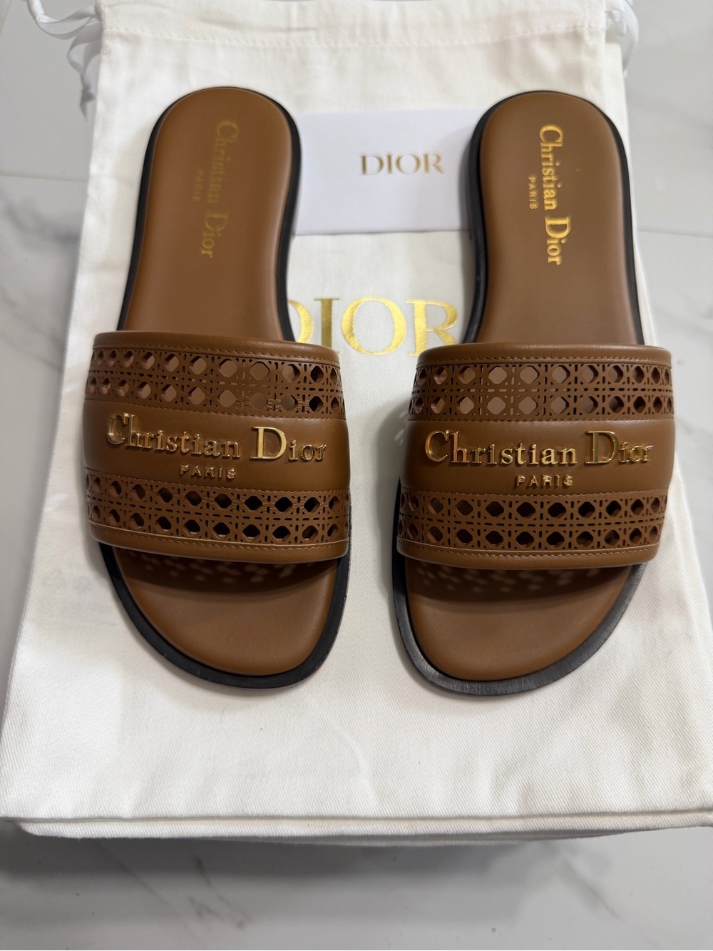 Dior women Brown Leather Laser-Cut Slide Sandals with Gold Logo
